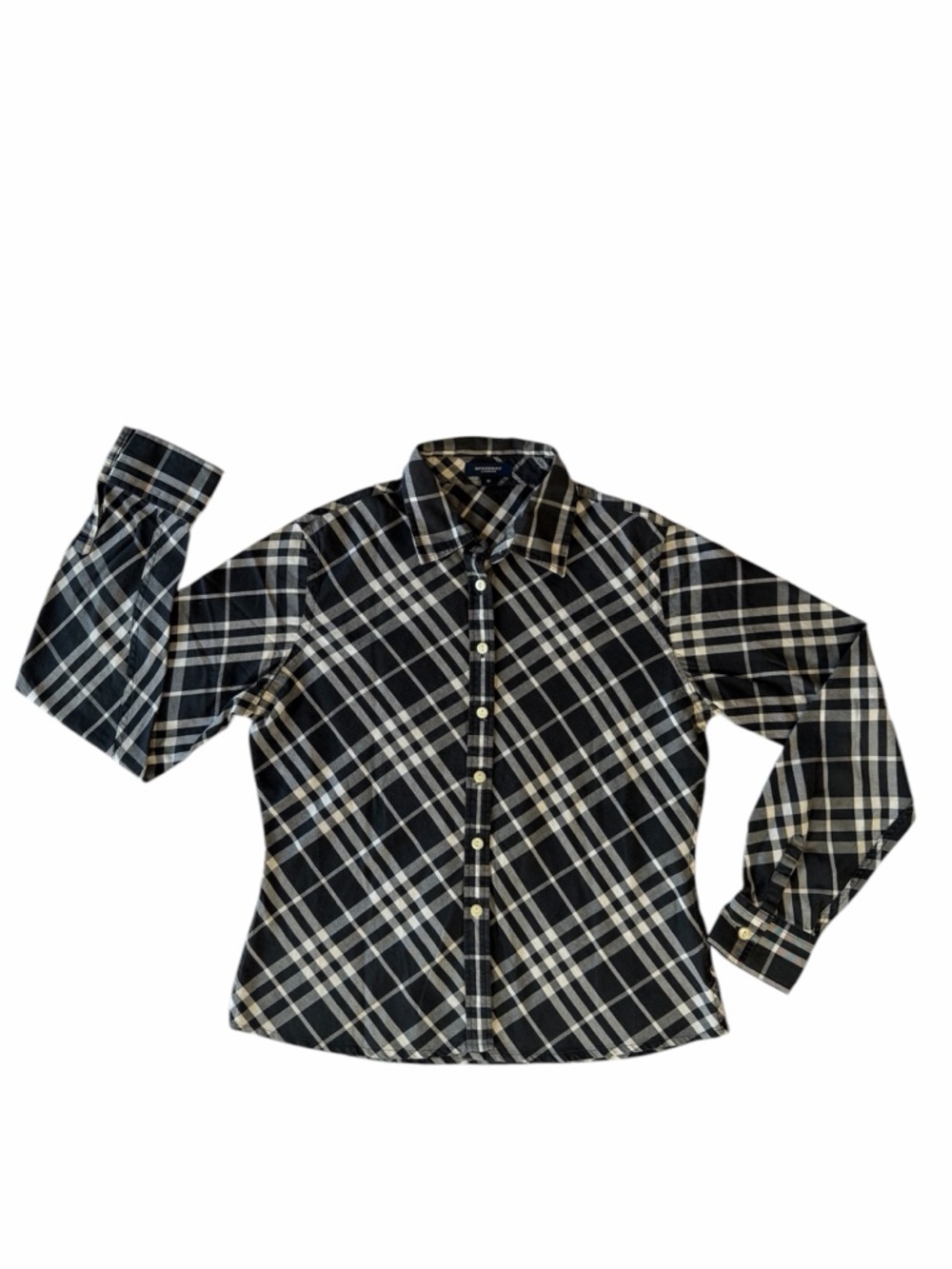 Burberry Black White and Cream Plaid Button-Down Shirt